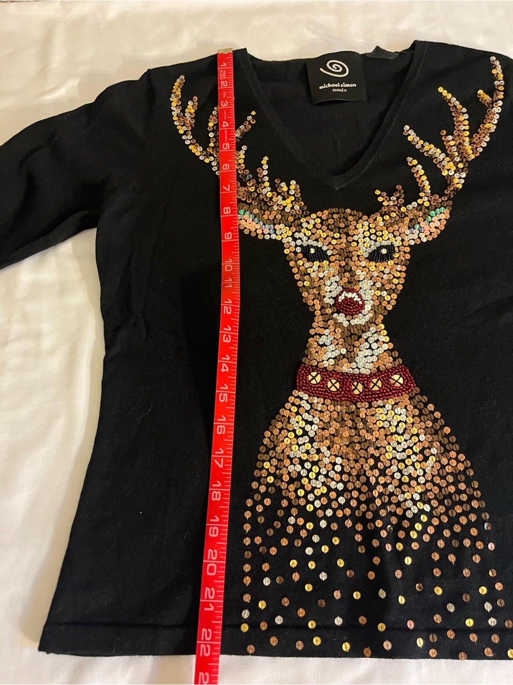 Michael Simon Black Sweater with Gold Sequin Reindeer and Red Cuff Accents - Picture 7 of 7